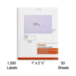 Staples Laser/Inkjet Address Labels, 1 X 2 5/8", Clear, 30 Labels/Sheet, 50 Sheets/Pack, 1500/Box (ST18081-CC)