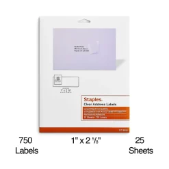 Staples Laser/Inkjet Address Labels Address Labels, 1 X 2 5/8", Clear, 30 Labels/Sheet, 25 Sheets/Pack, 750 Labels/Box