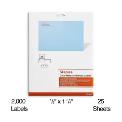 Staples Laser/Inkjet Address Labels, 1/2" x 1 3/4", Clear, 80 Labels/Sheet, 25 Sheets/Pack, 2000 Labels/Box (18087/SCNJ090)