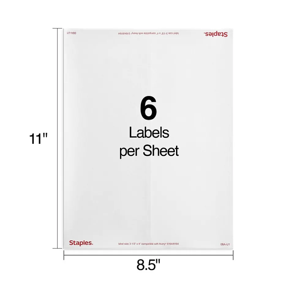 Staples Laser/Inkjet Shipping Labels, 3-1/3" x 4", White, 6 Labels/Sheet, 100 Sheets/Pack (ST18061-CC)