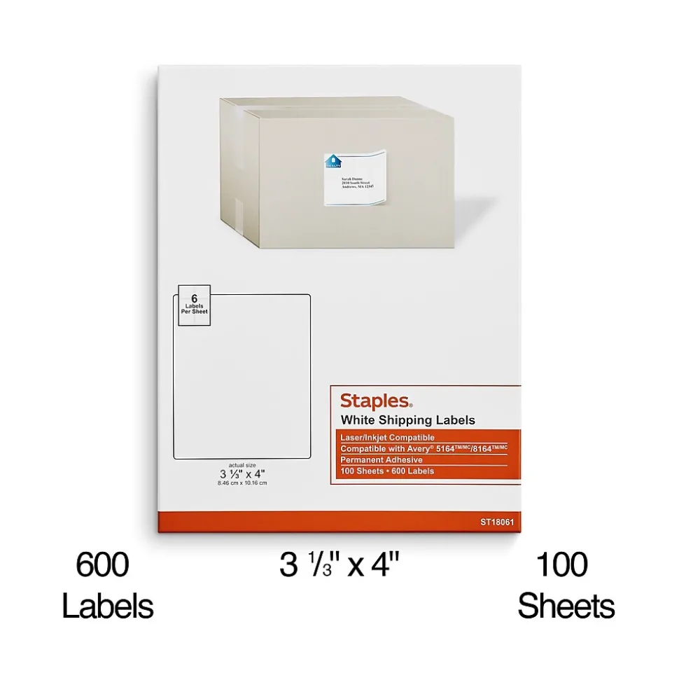 Staples Laser/Inkjet Shipping Labels, 3-1/3" x 4", White, 6 Labels/Sheet, 100 Sheets/Pack (ST18061-CC)