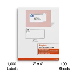 Staples Laser/Inkjet Shipping Labels, 2" x 4", White, 10 Labels/Sheet, 100 Sheets/Pack (ST18060-CC)