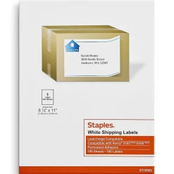 Staples Laser/Inkjet Shipping Labels, 8 1/2" x 11", White, 1 Label/Sheet, 100 Sheets/Box (18062/SIWO150)