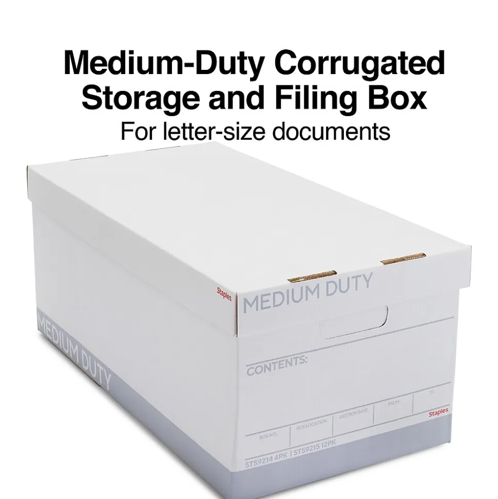 Staples Medium Duty 60% Recycled EZ Fold Corrugated File Box Lift Off Lid, Letter Size, White/Gray, 12/Carton (2489403)