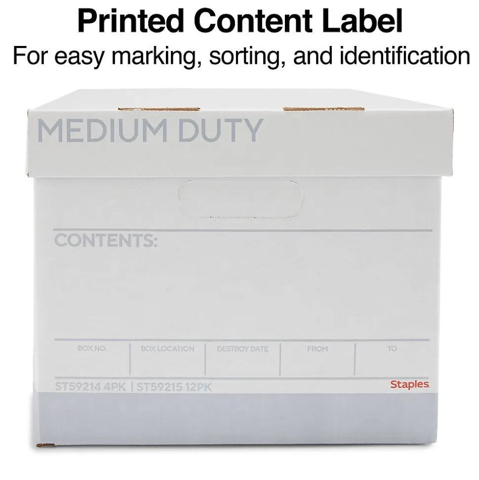 Staples Medium Duty 60% Recycled EZ Fold Corrugated File Box Lift Off Lid, Letter Size, White/Gray, 12/Carton (2489403)