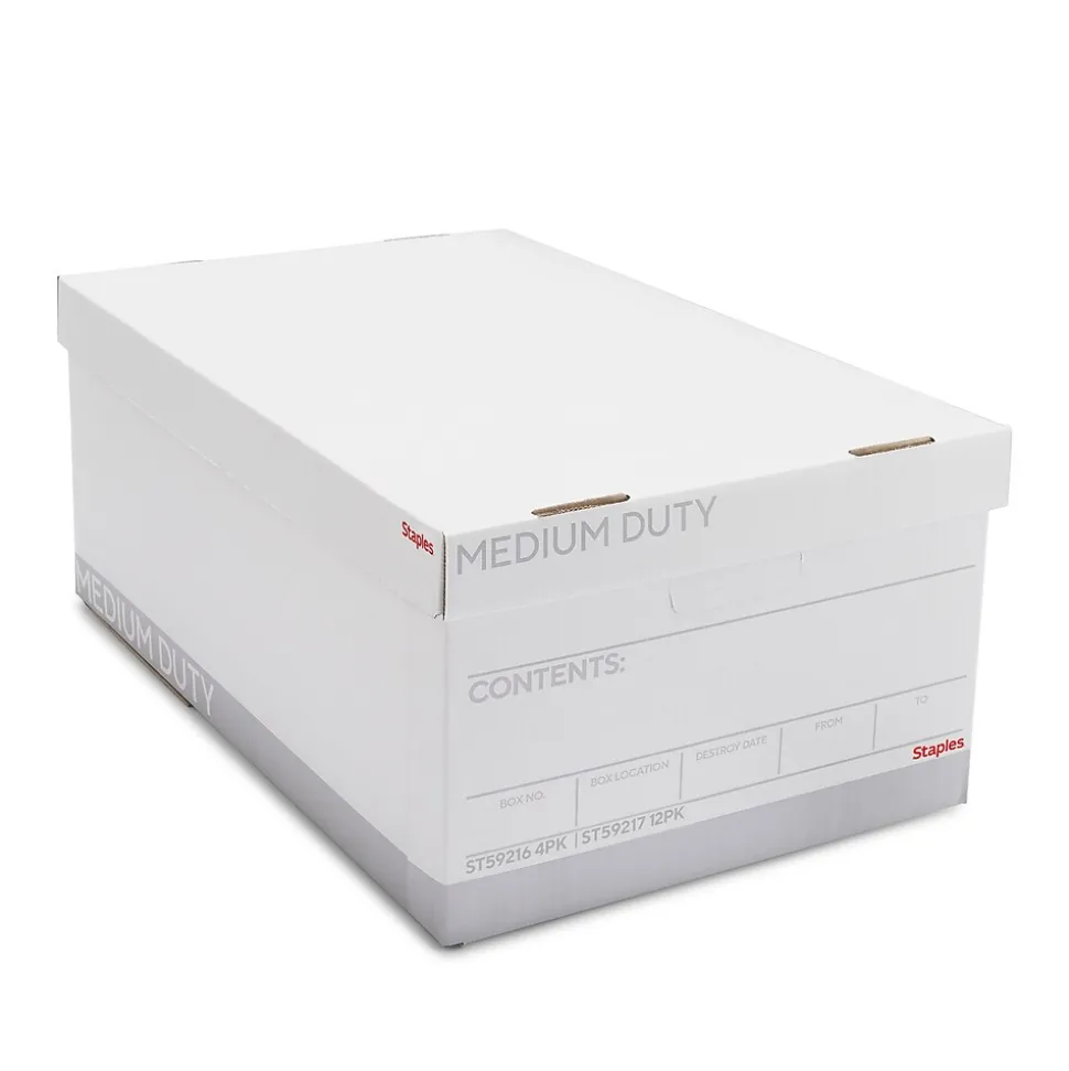 Staples Medium Duty File Box, Lift Off Lid, Legal, White/Gray, 4/Carton (TR59216)
