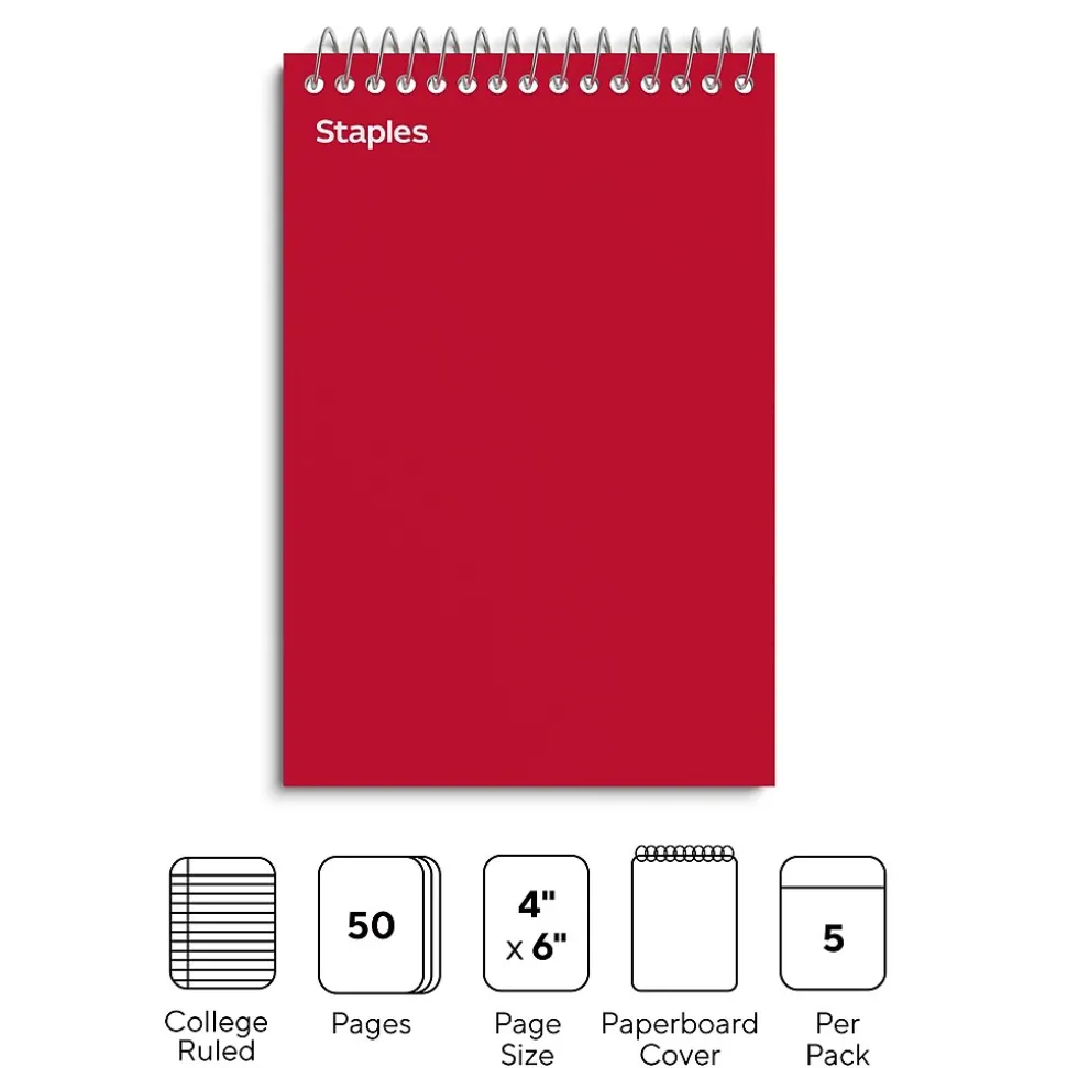Staples Memo Pad, 4" x 6", College Ruled, Assorted Colors, 50 Sheets/Pad, 5 Pads/Pack (ST11494N)