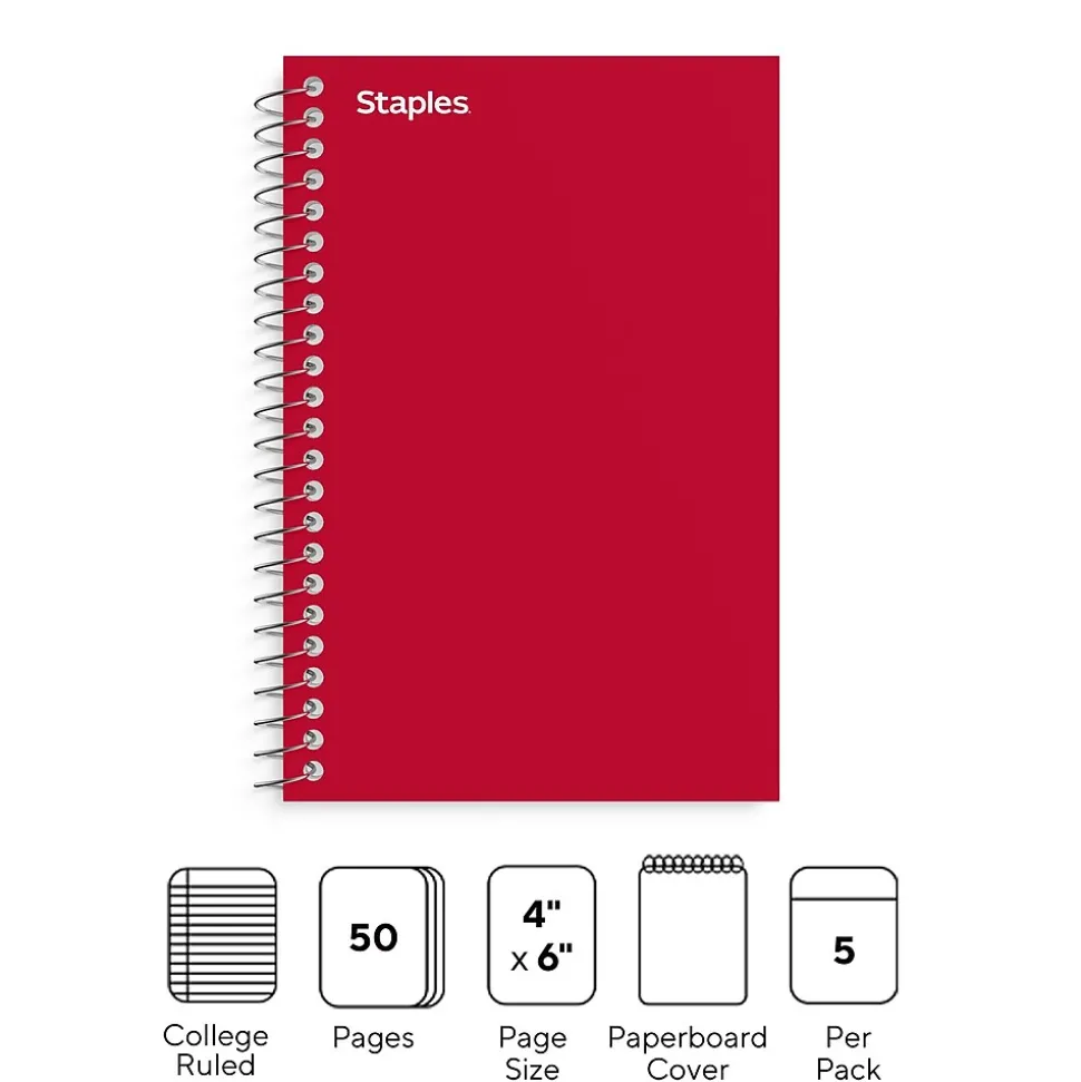 Staples Memo Pad, 4" x 6", College Ruled, Assorted Colors, 50 Sheets/Pad, 5 Pads/Pack (ST11495N)