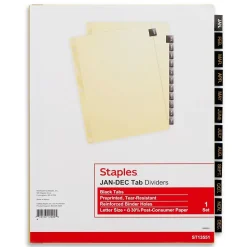 Staples Monthly Pre-Printed Monthly Paper Divider, Jan-Dec, Buff with Black Tabs, 1 Set (13551/11484)