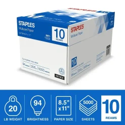Staples Multiuse Copy Paper, 8.5" x 11", 20 lbs., 94 Brightness, 500 Sheets/Ream, 10 Reams/Carton (20472)