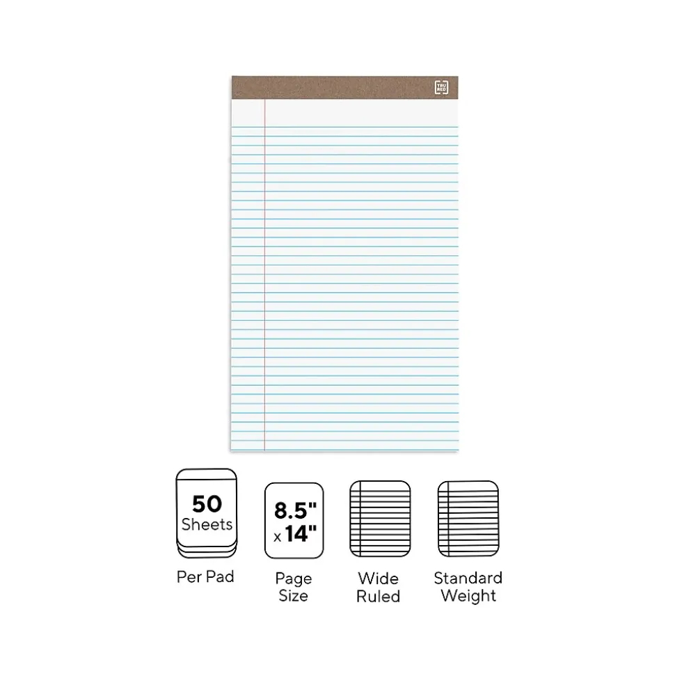 Staples Notepads, 8.5" x 14" (legal), Wide Ruled, White, 50 Sheets/Pad, Dozen Pads/Pack (58189)