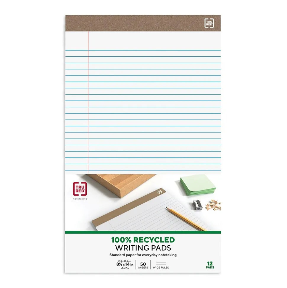 Staples Notepads, 8.5" x 14" (legal), Wide Ruled, White, 50 Sheets/Pad, Dozen Pads/Pack (58189)
