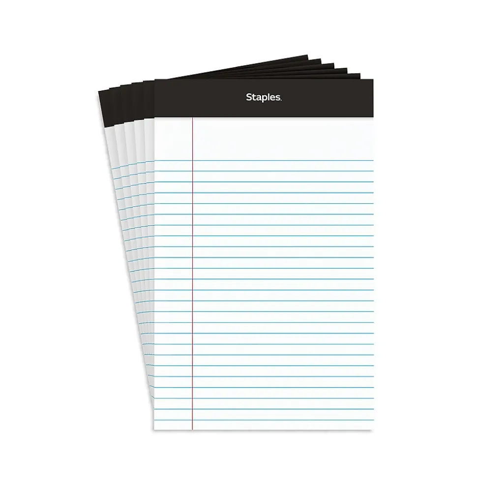 Staples Notepads, 5" x 8", Narrow Ruled, White, 100 Sheets/Pad, 6 Pads/Pack (ST57343)