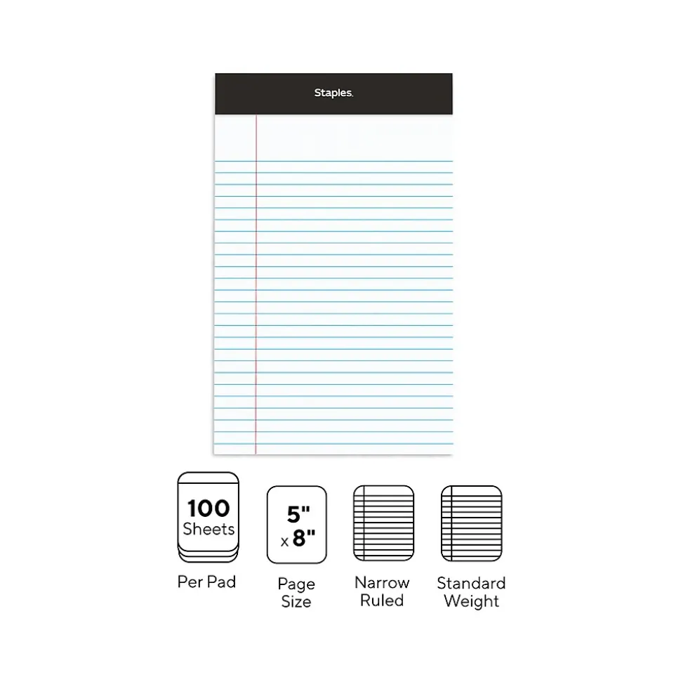 Staples Notepads, 5" x 8", Narrow Ruled, White, 100 Sheets/Pad, 6 Pads/Pack (ST57343)