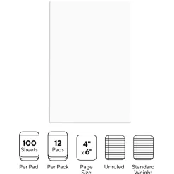 Staples Notepads, 4" x 6", Unruled, White, 100 Sheets/Pad, Dozen Pads/Pack (ST57328)