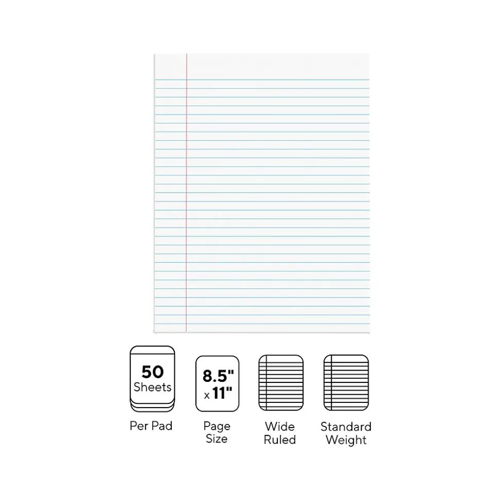 Staples Notepads, 8.5" x 11" (US letter), Wide Ruled, White, 50 Sheets/Pad, Dozen Pads/Pack (ST57334)
