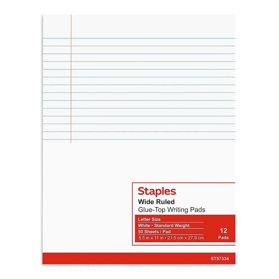 Staples Notepads, 8.5" x 11" (US letter), Wide Ruled, White, 50 Sheets/Pad, Dozen Pads/Pack (ST57334)