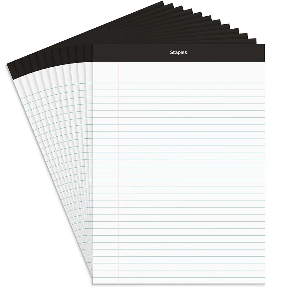Staples Notepads, 8.5" x 11.75", Wide Ruled, White, 50 Sheets/Pad, Dozen (ST57339M/57339)