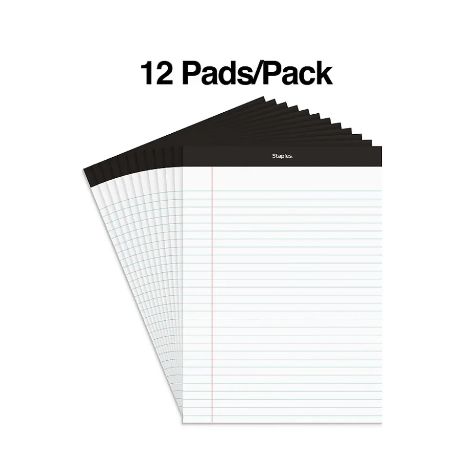 Staples Notepads, 8.5" x 11.75", Wide Ruled, White, 50 Sheets/Pad, Dozen (ST57339M/57339)