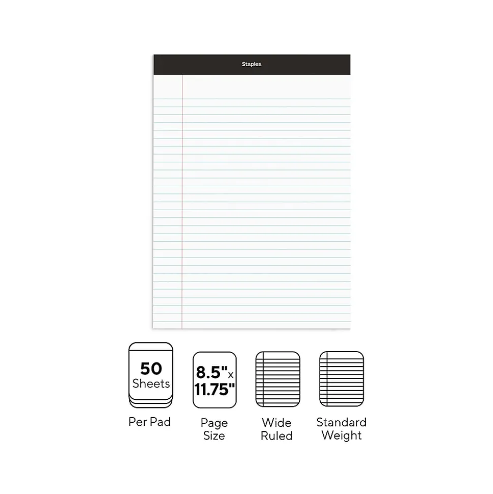 Staples Notepads, 8.5" x 11.75", Wide Ruled, White, 50 Sheets/Pad, Dozen (ST57339M/57339)