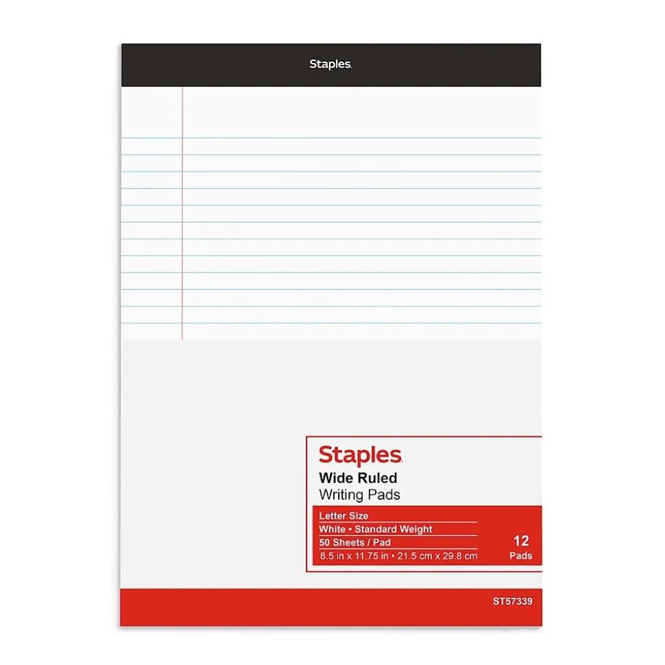 Staples Notepads, 8.5" x 11.75", Wide Ruled, White, 50 Sheets/Pad, Dozen (ST57339M/57339)