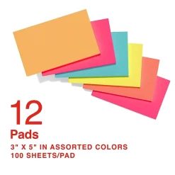 Staples Notes, 3" x 5", Pool Party Collection, 100 Sheet/Pad, 12 Pads/Pack (S-35BR12)