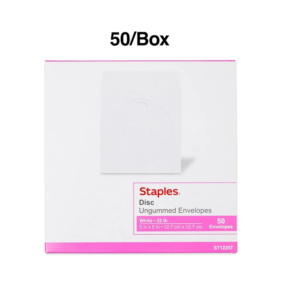 Staples Open End CD/DVD Envelopes, 5" x 5", White, 50/Box (12257)