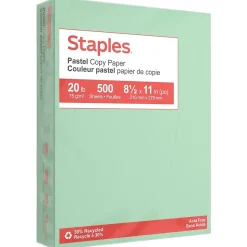 Staples Pastel 30% Recycled Color Copy Paper, 20 lbs., 8.5" x 11", Green, 500/Ream (14781)