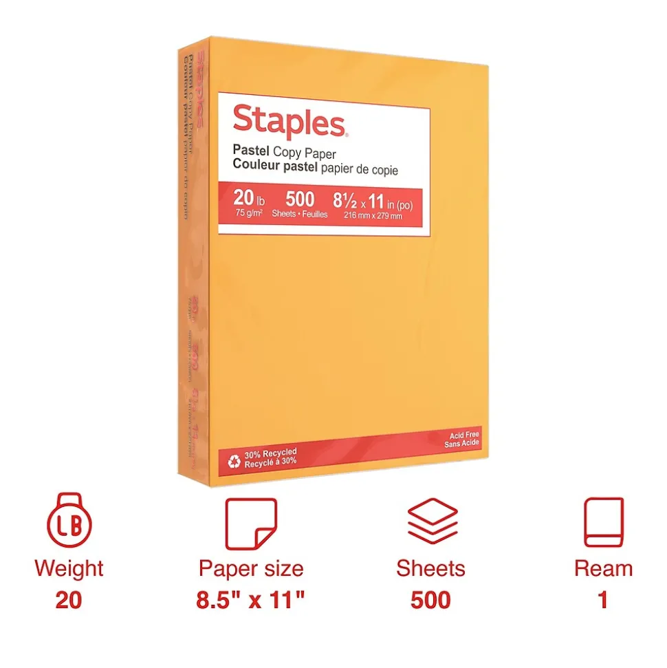 Staples Pastel 30% Recycled Color Copy Paper, 20 lbs., 8.5" x 11", Goldenrod, 500/Ream (14788)