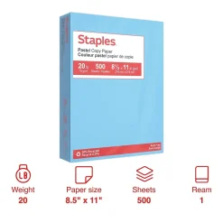 Staples Pastel 30% Recycled Color Copy Paper, 20 lbs., 8.5" x 11", Blue, 500/Ream (14786)