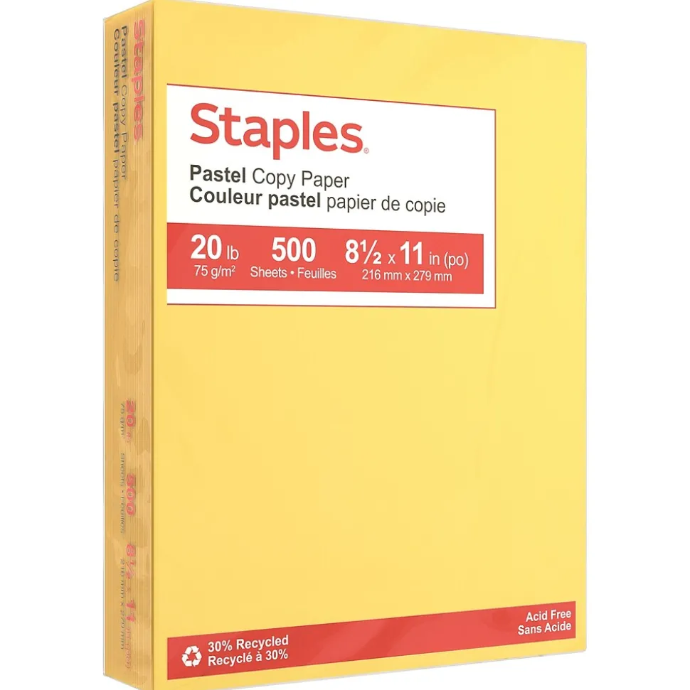 Staples Pastel 30% Recycled Color Copy Paper, 20 lbs., 8.5" x 11", Canary, 500/Ream (14787)