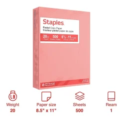 Staples Pastel 30% Recycled Color Copy Paper, 20 lbs., 8.5" x 11", Salmon, 500/Ream (14783)