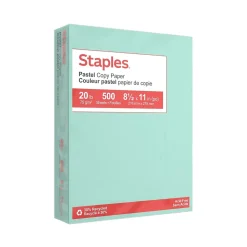 Staples Pastel 30% Recycled Color Copy Paper, 20 lbs., 8.5" x 11", Turquoise, 500 Sheets/Ream (14784)
