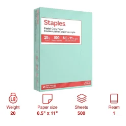 Staples Pastel 30% Recycled Color Copy Paper, 20 lbs., 8.5" x 11", Turquoise, 500 Sheets/Ream (14784)