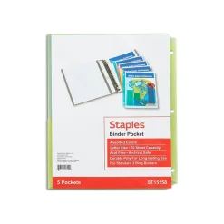 Staples Poly Binder Pocket, 3-Hole Punched, Assorted Colors, 5/Pack (ST15158-CC)