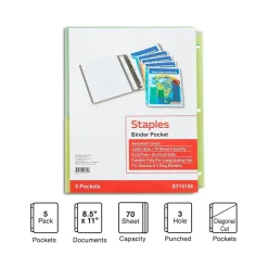 Staples Poly Binder Pocket, 3-Hole Punched, Assorted Colors, 5/Pack (ST15158-CC)