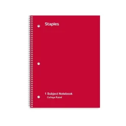 StaplesĀ® Poly 1-Subject Notebook, 8" x 10.5", College Ruled, 70 Sheets, Assorted Colors (27620M)