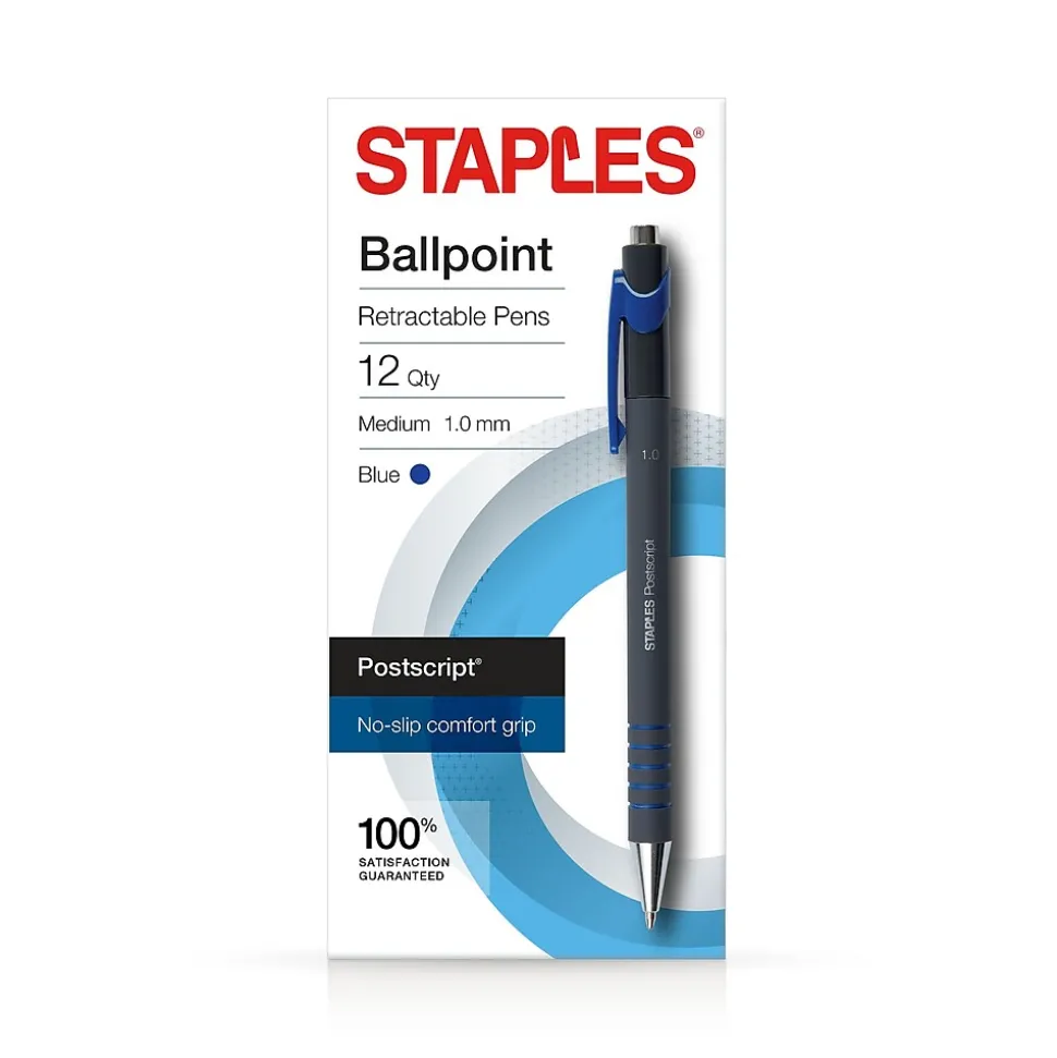 Staples Postscript Retractable Ballpoint Pens, Medium Point, Blue Ink, Dozen (18263)