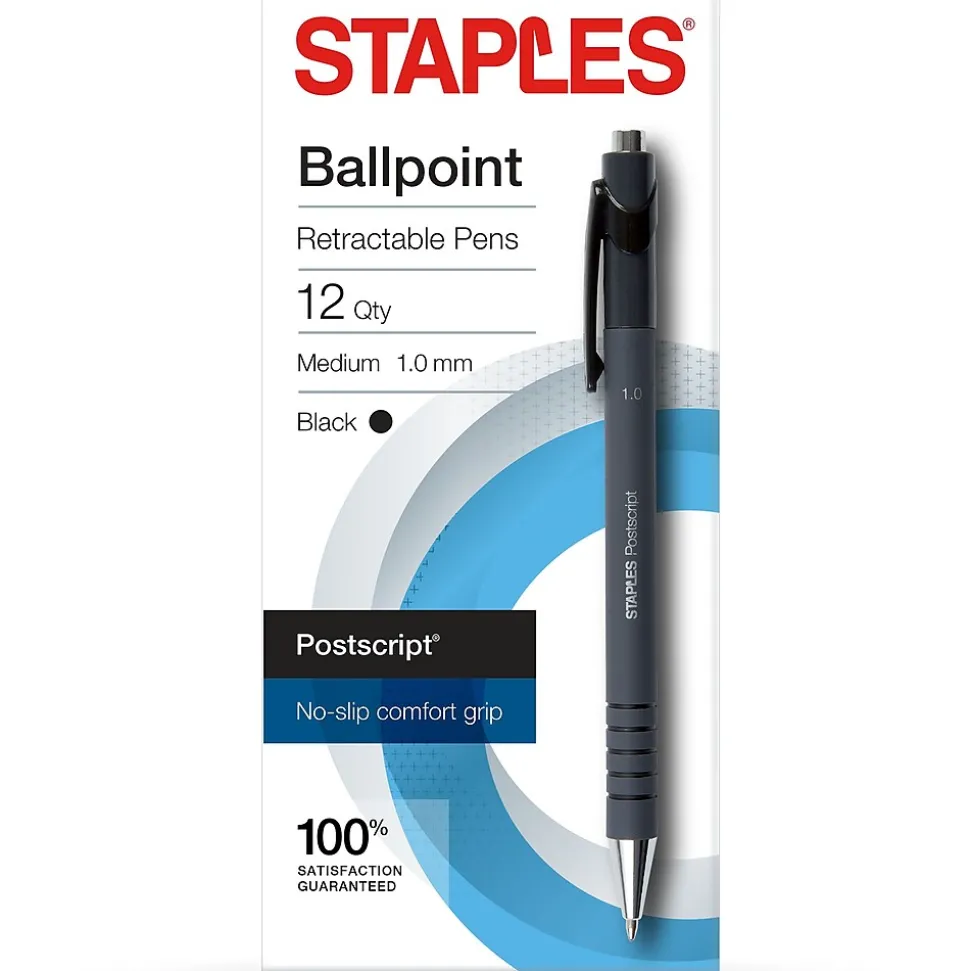 Staples Postscript Retractable Ballpoint Pens, Medium Point, Black Ink, Dozen (18262)