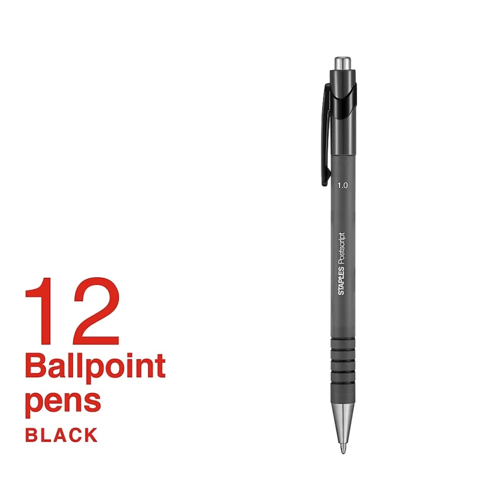 Staples Postscript Retractable Ballpoint Pens, Medium Point, Black Ink, Dozen (18262)