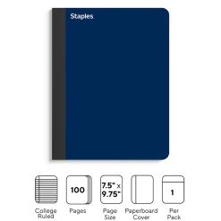 Staples Premium Composition Notebook, 7.5" x 9.75", College Ruled, 100 Sheets, Blue (ST58343)