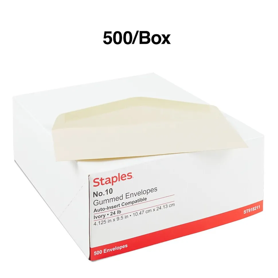 Staples Premium Gummed #10 Business Envelopes, 4 1/8" x 9 1/2", Ivory, 500/Box (918211/19420)