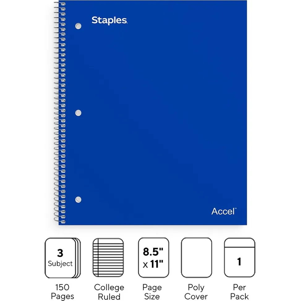 Staples Premium Poly 3-Subject Notebook, 8.5" x 11", College Ruled, 150 Sheets, Blue (ST58314)