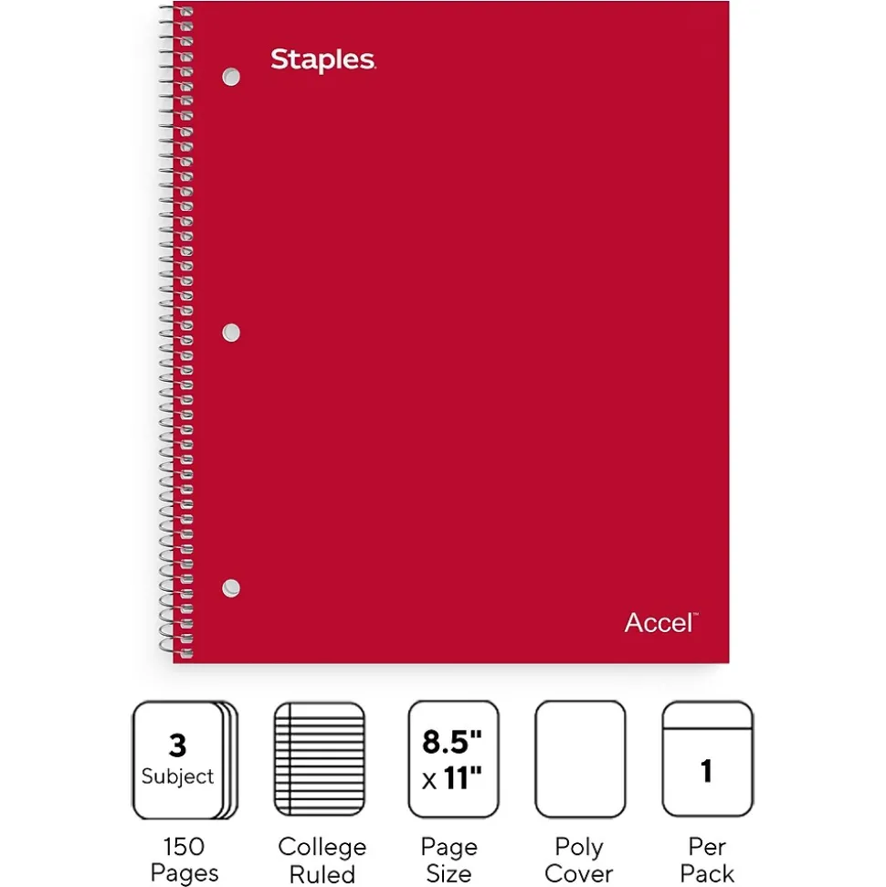 Staples Premium Poly 3-Subject Notebook, 8.5" x 11", College Ruled, 150 Sheets, Red (ST58315)