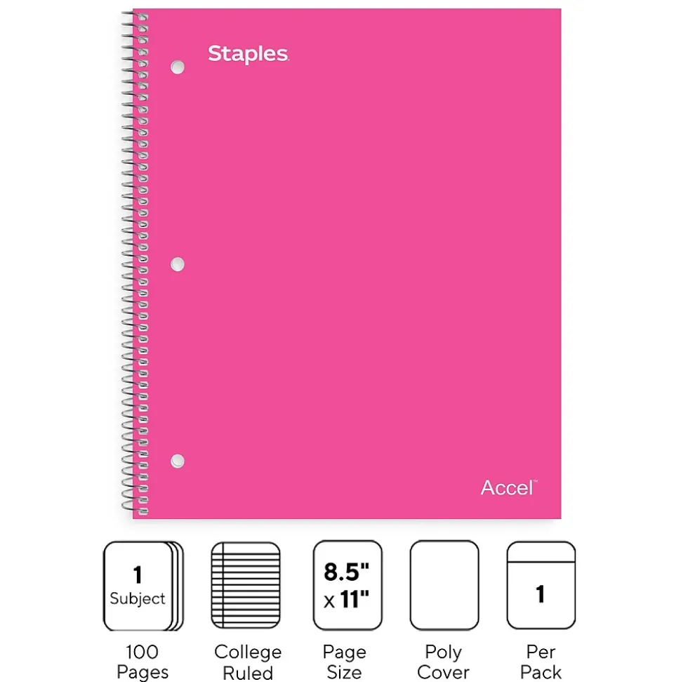 Staples Premium Poly 1-Subject Notebook, 8.5" x 11", College Ruled, 100 Sheets, Pink (ST51448D)