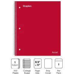 Staples Premium Poly 1-Subject Notebook, 8.5" x 11", College Ruled, 100 Sheets, Red (ST20952D)