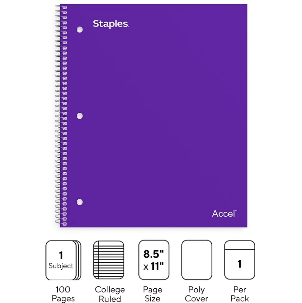 Staples Premium Poly 1-Subject Notebook, 8.5" x 11", College Ruled, 100 Sheets, Purple (ST20954D)
