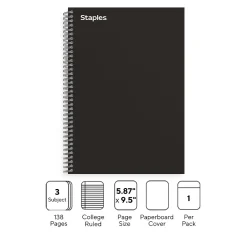 Staples Premium 3-Subject Notebook, 5.88" x 9.5", College Ruled, 138 Sheets, Black (TR58351)