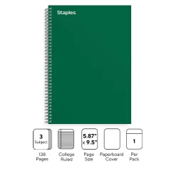 Staples Premium 3-Subject Notebook, 5.88" x 9.5", College Ruled, 138 Sheets, Green (TR58354)