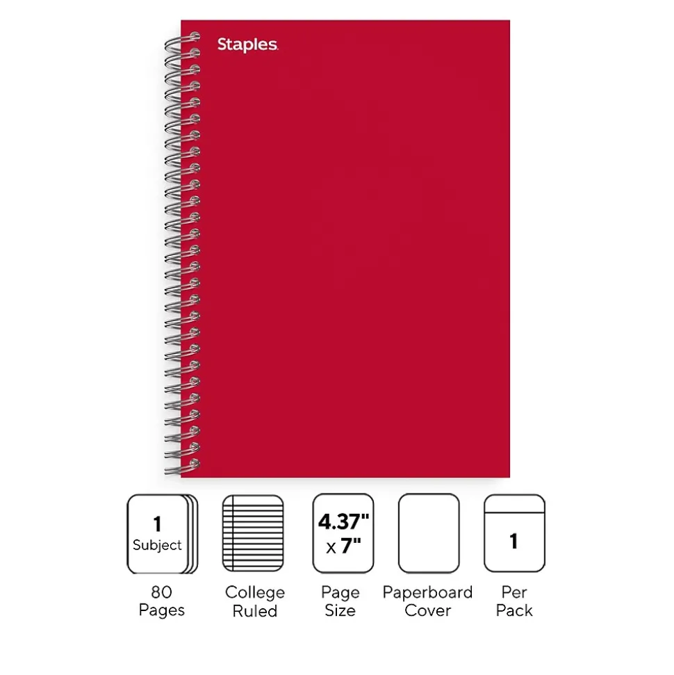 Staples Premium 1-Subject Notebook, 4.38" x 7", College Ruled, 80 Sheets, Red (TR58349)